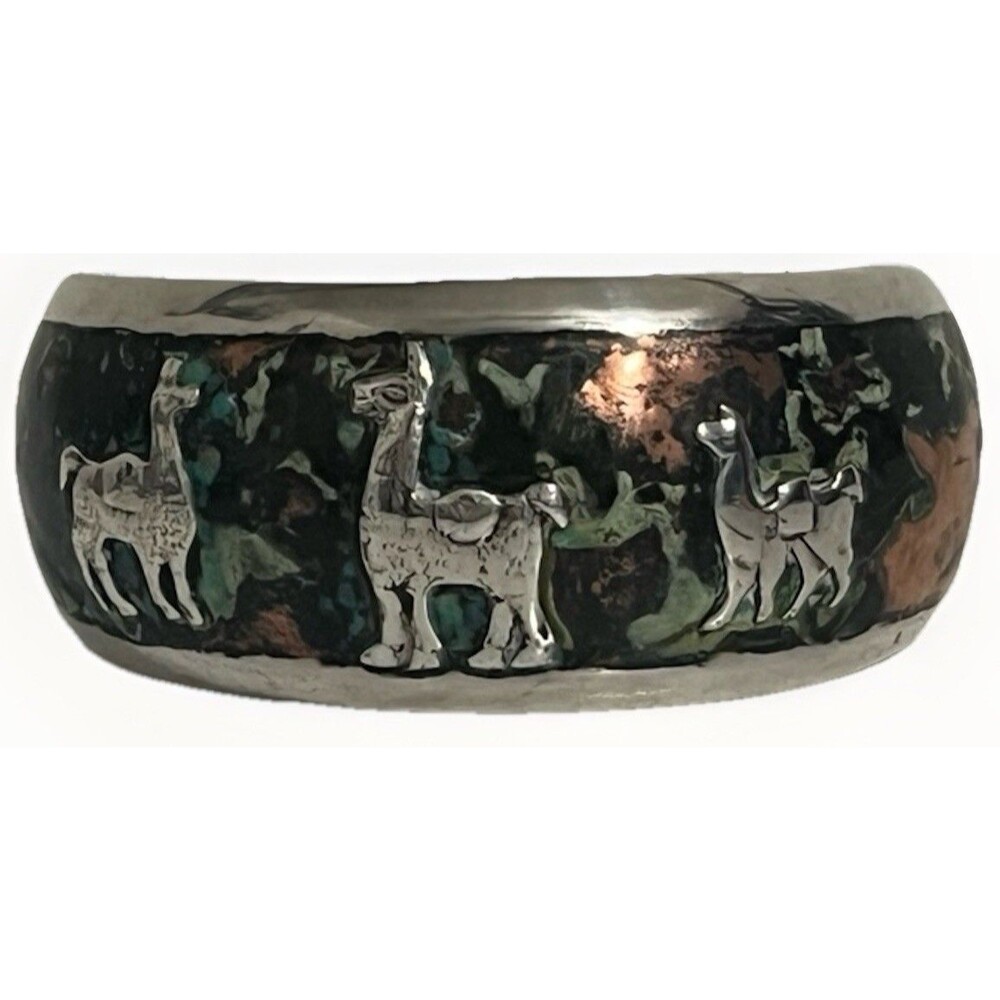 Alpaca Llama 925 Cuff Bracelet Andean Style Mixed Metal Vintage